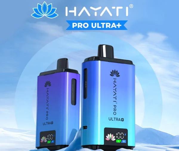 Two Hayati Pro Ultra Plus 25000 devices showing the battery display with the L and R flavour side indicators
