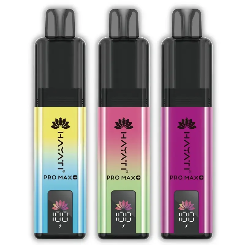 Three Hayati Pro Max Plus 6000 devices in blue-yellow, pink-green and purple