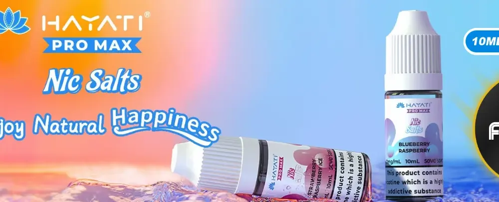Hayati Pro Max nic salts banner: Strawberry Raspberry Ice and Blueberry Raspberry 10ml bottles in a wave, Enjoy Natural Happiness