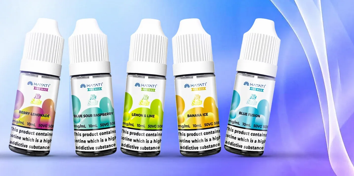 Five Hayati Pro Max nic salts bottles in a row: Berry Lemonade, Blue Sour Raspberry, Lemon & Lime, Banana Ice, Blue Fusion