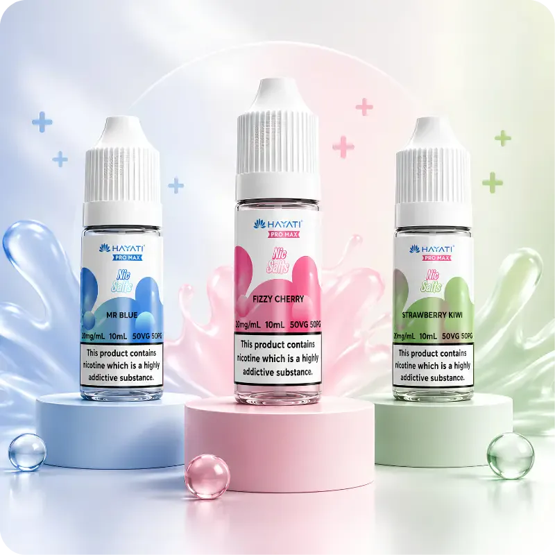 Hayati Pro Max nic salts 20mg bottles of Mr Blue, Fizzy Cherry and Strawberry Kiwi on pastel plinths with a liquid splash