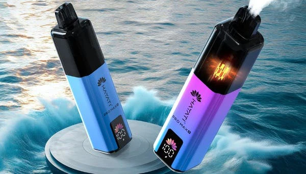 Two Hayati Pro Max Plus 6000 pod kits, the device that takes Hayati Pro Max Plus pods, over a sea scene