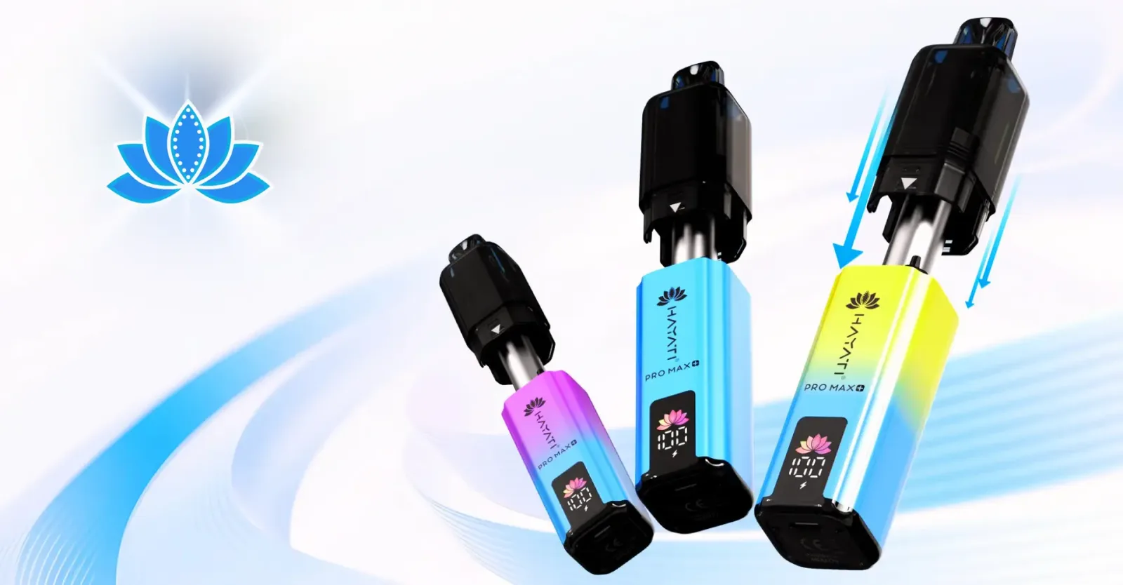 Hayati Pro Max Plus pods being pulled off and pushed onto three Pro Max Plus 6000 devices