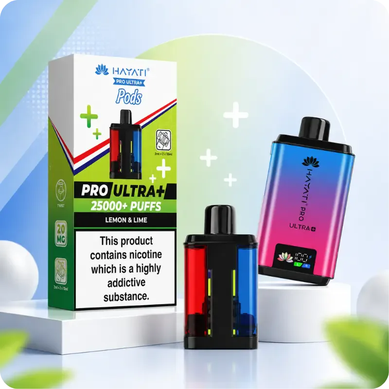 Hayati Pro Ultra Plus pods box (Lemon & Lime) beside the twin-chamber pod with red and blue containers and the 25000 kit