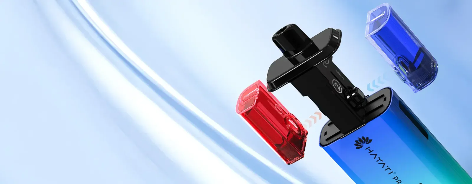 Hayati Pro Ultra Plus pods lifting off the 25000 kit: black twin pod, red and blue 10ml refill containers