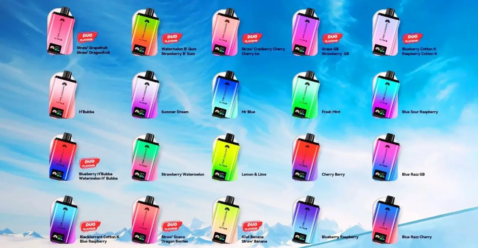 Hayati Pro Ultra Plus pods flavour wall: twenty devices in flavour colours with DUO FLAVOUR badges on the pairings