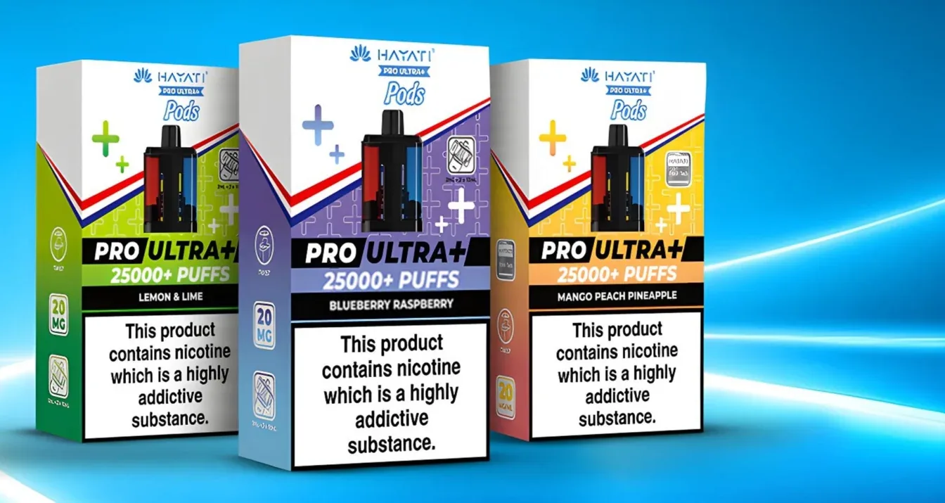 Three genuine Hayati Pro Ultra Plus pods boxes: Lemon & Lime, Blueberry Raspberry and Mango Peach Pineapple, 25000+ puffs, 20mg