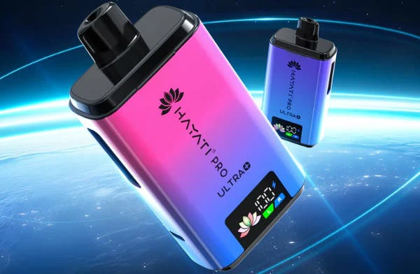 Two Hayati Pro Ultra Plus 25000 pod kits in pink and purple against a space scene