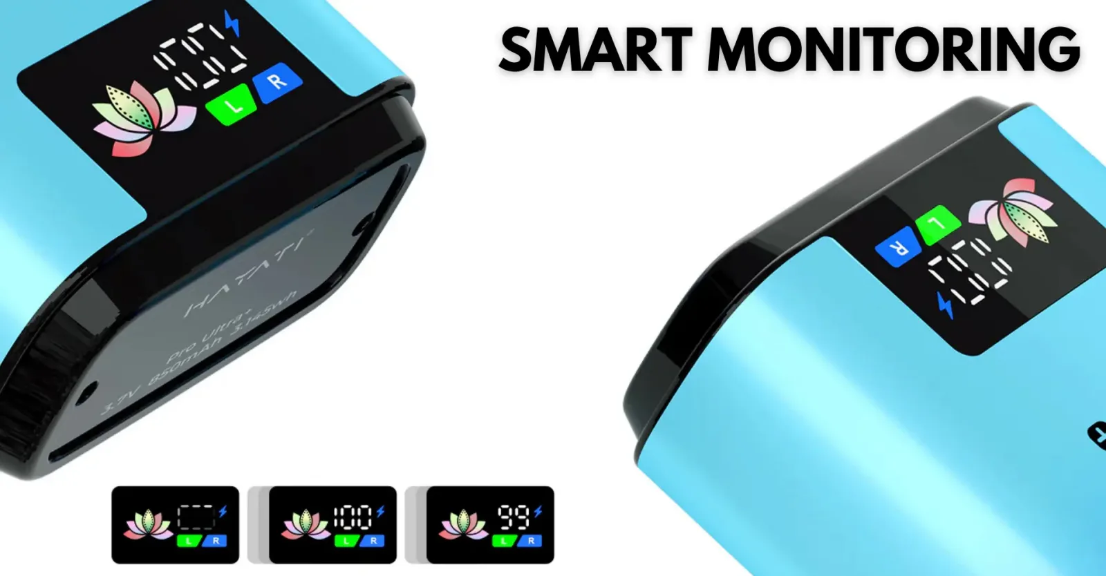 Hayati Pro Ultra Plus 25000 smart display close-up showing battery percentage, charge icon and the L and R side indicators