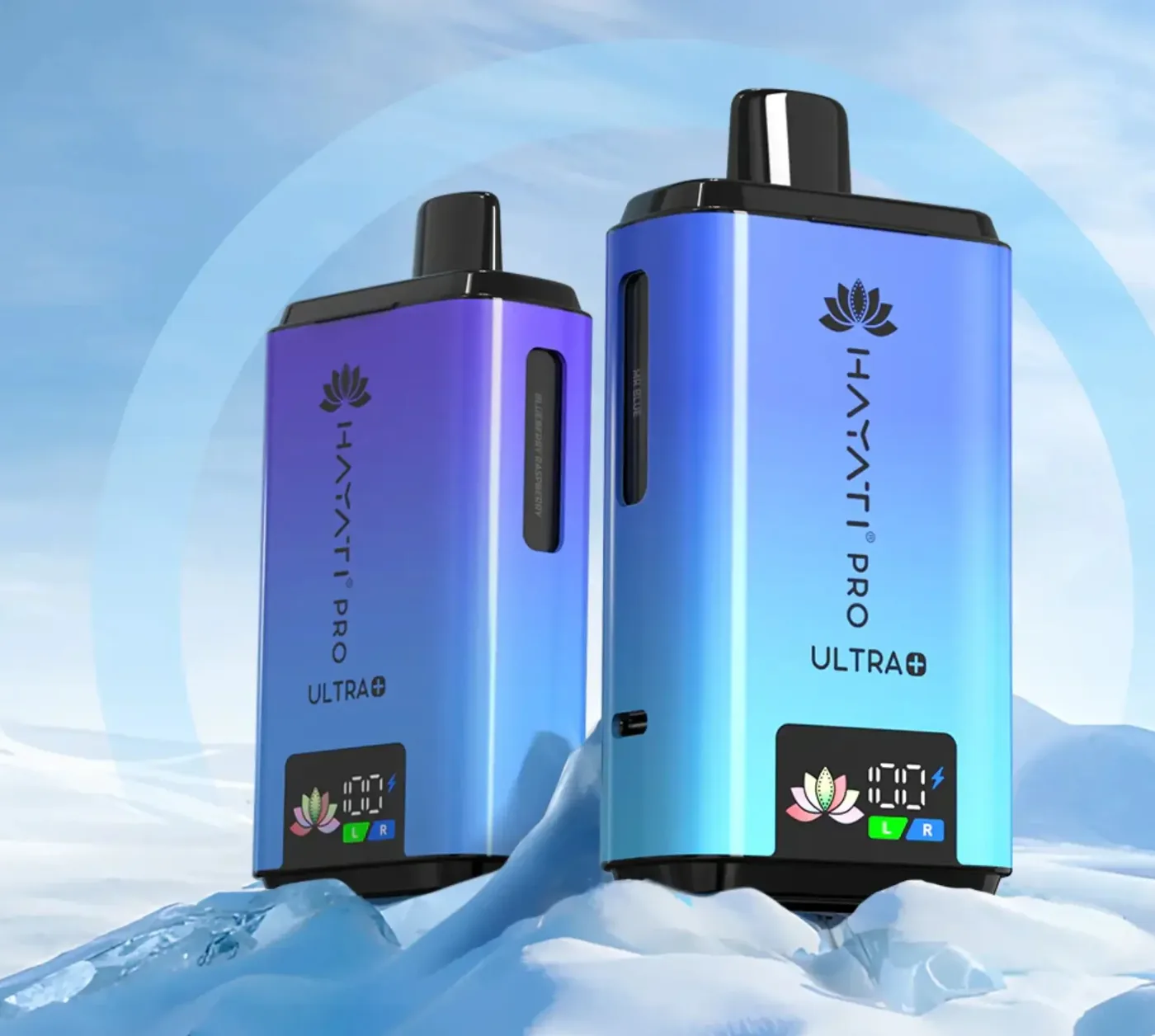 Hayati Pro Ultra Plus 25000 pod kits in blue and violet gradient finishes standing on ice