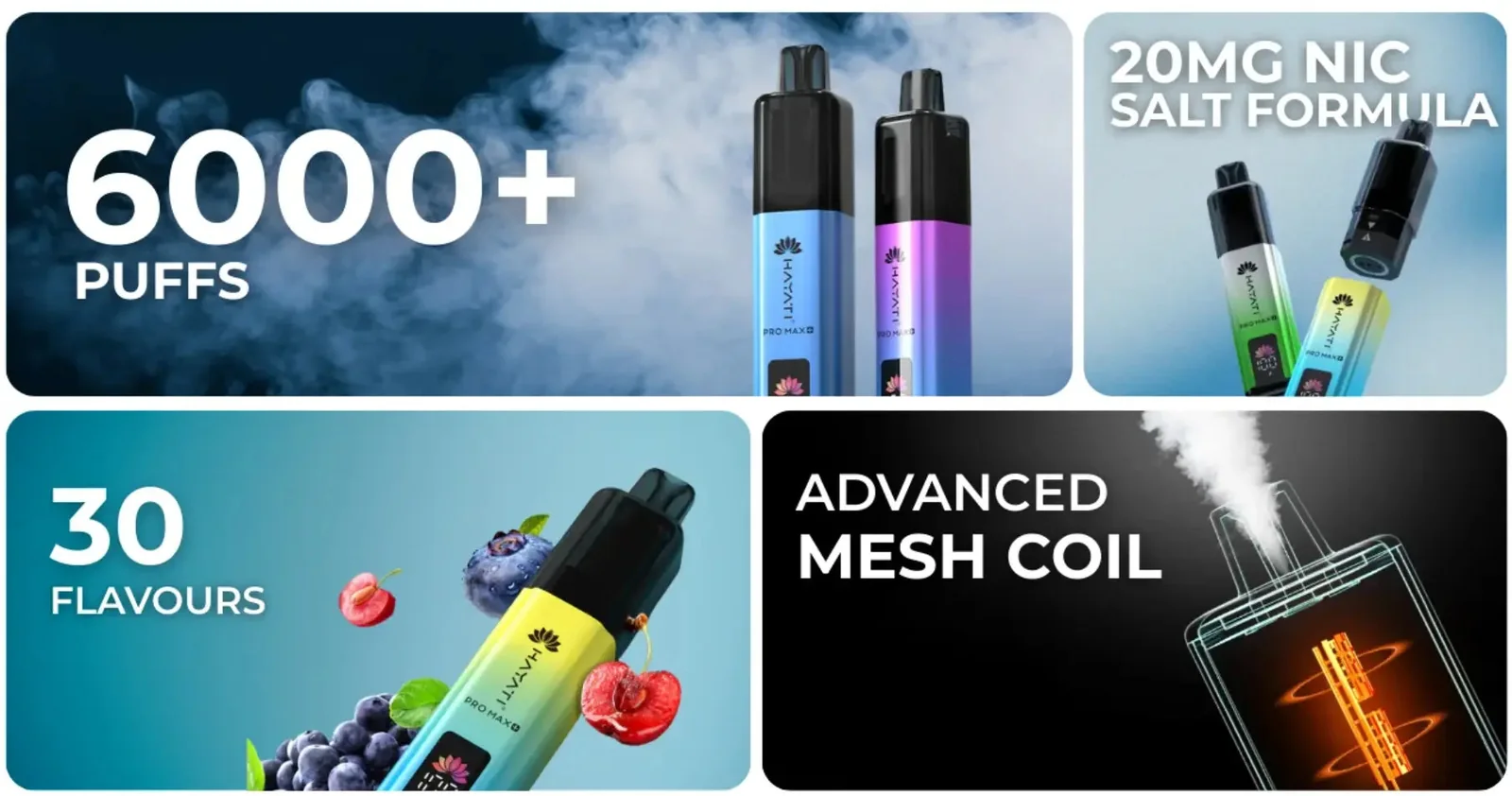 Hayati Pro Max Plus feature grid: 6000+ puffs, 20mg nic salt, flavours, mesh coil