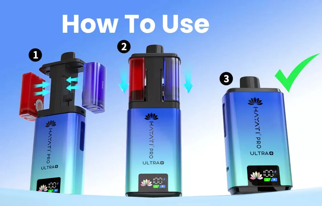How to use the Hayati Pro Ultra Plus: fit the pod and containers, click it in, draw